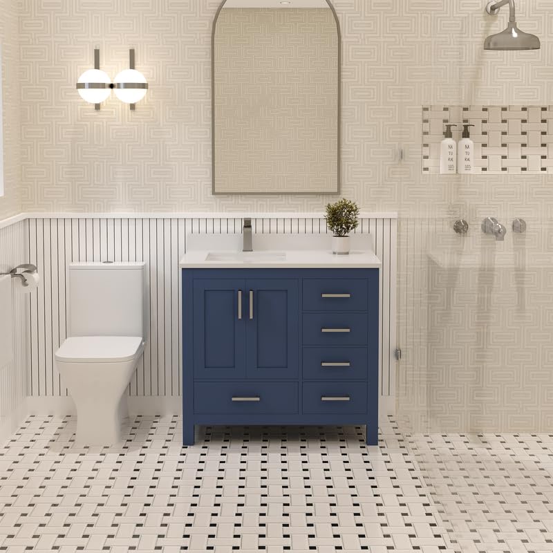 Ayna Decors Rooh 36 Inch Navy Blue Bathroom Vanity with Sink, Quartz Countertop, 2 Soft Closing Doors, and 4 Full Extension Drawers, Brushed Nickel Hardware