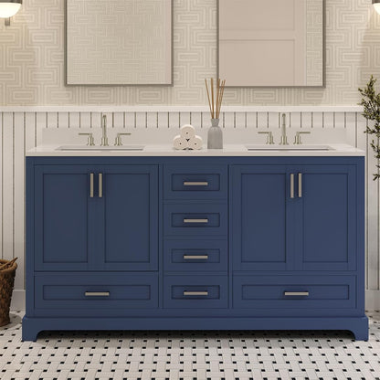 Ayna Decors Maya 60 Inch Navy Blue Bathroom Vanity with Three Faucet Holes Quartz Countertop, 4 Soft Closing Doors and 5 Full Extension Drawers, Brushed Nickel Hardware