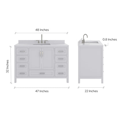 Ayna Decors Rooh 48 Inch White Bathroom Vanity with Sink and Quartz Countertop, 3 Pre-Drilled Faucet Holes, 2 Soft Closing Doors, and 7 Full Extension Drawers, Brushed Nickel Hardware