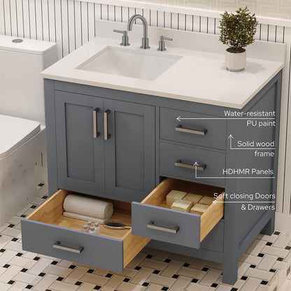 Ayna Decors Rooh 36 in. Left Charcoal Grey Bathroom Vanity with Sink, Three Faucet Holes Quartz Top, 2 Soft Closing Doors, and 4 Full Extension Drawers, Brushed Nickel Hardware