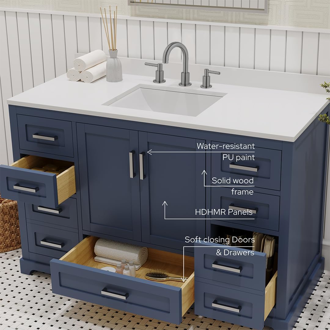 Ayna Decors Maya 48 Inch Navy Blue Bathroom Vanity with Sink and Quartz Countertop, 3 Pre-Drilled Faucet Holes, 2 Soft Closing Doors, and 7 Full Extension Drawers, Brushed Nickel Hardware
