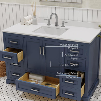 Ayna Decors Maya 48 Inch Navy Blue Bathroom Vanity with Sink and Quartz Countertop, 3 Pre-Drilled Faucet Holes, 2 Soft Closing Doors, and 7 Full Extension Drawers, Brushed Nickel Hardware