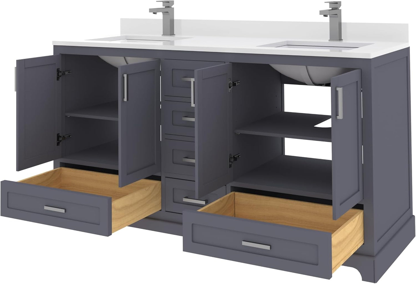 Ayna Decors Maya 60 Inch Charcoal Grey Bathroom Vanity with Sink, Quartz Countertop, 4 Soft Closing Doors and 5 Full Extension Drawers, Brushed Nickel Hardware