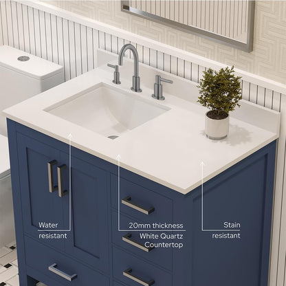 Ayna Decors Rooh 36 in. Left Navy Blue Bathroom Vanity with Sink, Three Faucet Holes Quartz Top, 2 Soft Closing Doors, and 4 Full Extension Drawers, Brushed Nickel Hardware