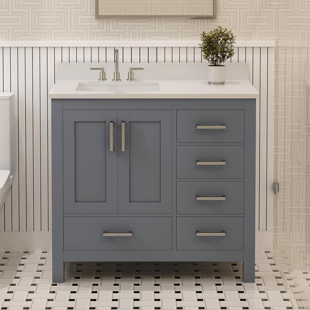 Ayna Decors Rooh 36 in. Left Charcoal Grey Bathroom Vanity with Sink, Three Faucet Holes Quartz Top, 2 Soft Closing Doors, and 4 Full Extension Drawers, Brushed Nickel Hardware