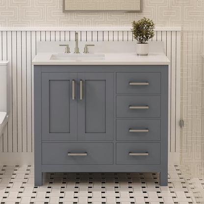 Ayna Decors Rooh 36 in. Left Charcoal Grey Bathroom Vanity with Sink, Three Faucet Holes Quartz Top, 2 Soft Closing Doors, and 4 Full Extension Drawers, Brushed Nickel Hardware