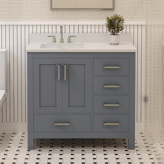 Ayna Decors Rooh 36 in. Left Charcoal Grey Bathroom Vanity with Sink, Three Faucet Holes Quartz Top, 2 Soft Closing Doors, and 4 Full Extension Drawers, Brushed Nickel Hardware