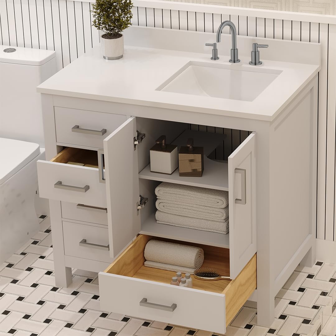 Ayna Decors Rooh 36 Inch White Bathroom Vanity with Sink, Three Faucet Holes Quartz Top, 2 Soft Closing Doors, and 4 Full Extension Drawers, Brushed Nickel Hardware