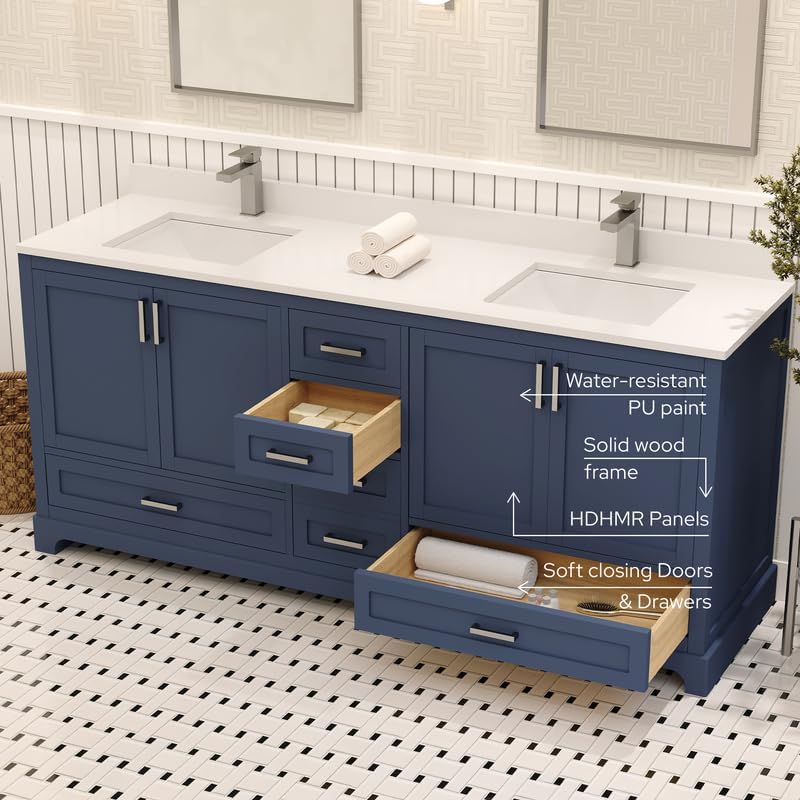 Ayna Decors Maya 72 Inch Navy Blue Bathroom Vanity with Sink, Quartz Countertop, 4 Soft Closing Doors and 5 Full Extension Drawers, Brushed Nickel Hardware