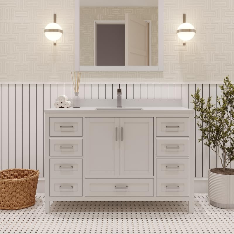 Ayna Decors Rooh 48 Inch White Bathroom Vanity with Sink, Quartz Countertop, 2 Soft Closing Doors, and 7 Full Extension Drawers, Brushed Nickel Hardware