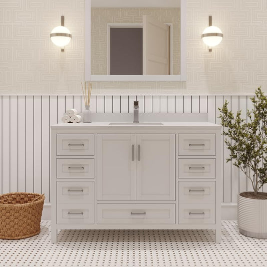 Ayna Decors Rooh 48 Inch White Bathroom Vanity with Sink, Quartz Countertop, 2 Soft Closing Doors, and 7 Full Extension Drawers, Brushed Nickel Hardware