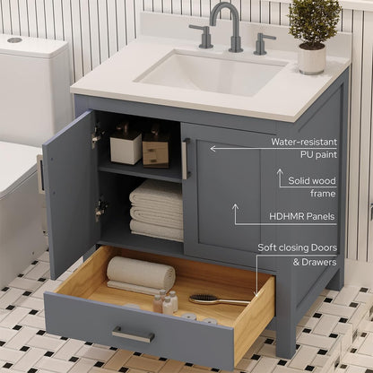 Ayna Decors Rooh 30" Solid Wood Bathroom Vanity with Sink – Charcoal Grey, 3 Pre-Drilled Faucet Holes, 2 Soft-Close Doors, 1 Full-Extension Drawer, Brushed Nickel Handles