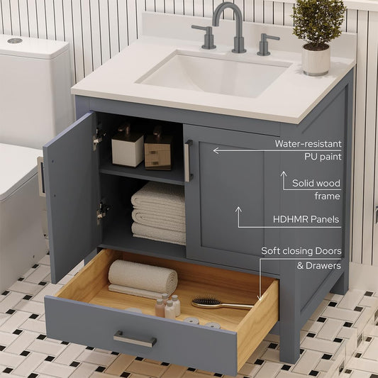 Ayna Decors Rooh 30" Solid Wood Bathroom Vanity with Sink – Charcoal Grey, 3 Pre-Drilled Faucet Holes, 2 Soft-Close Doors, 1 Full-Extension Drawer, Brushed Nickel Handles