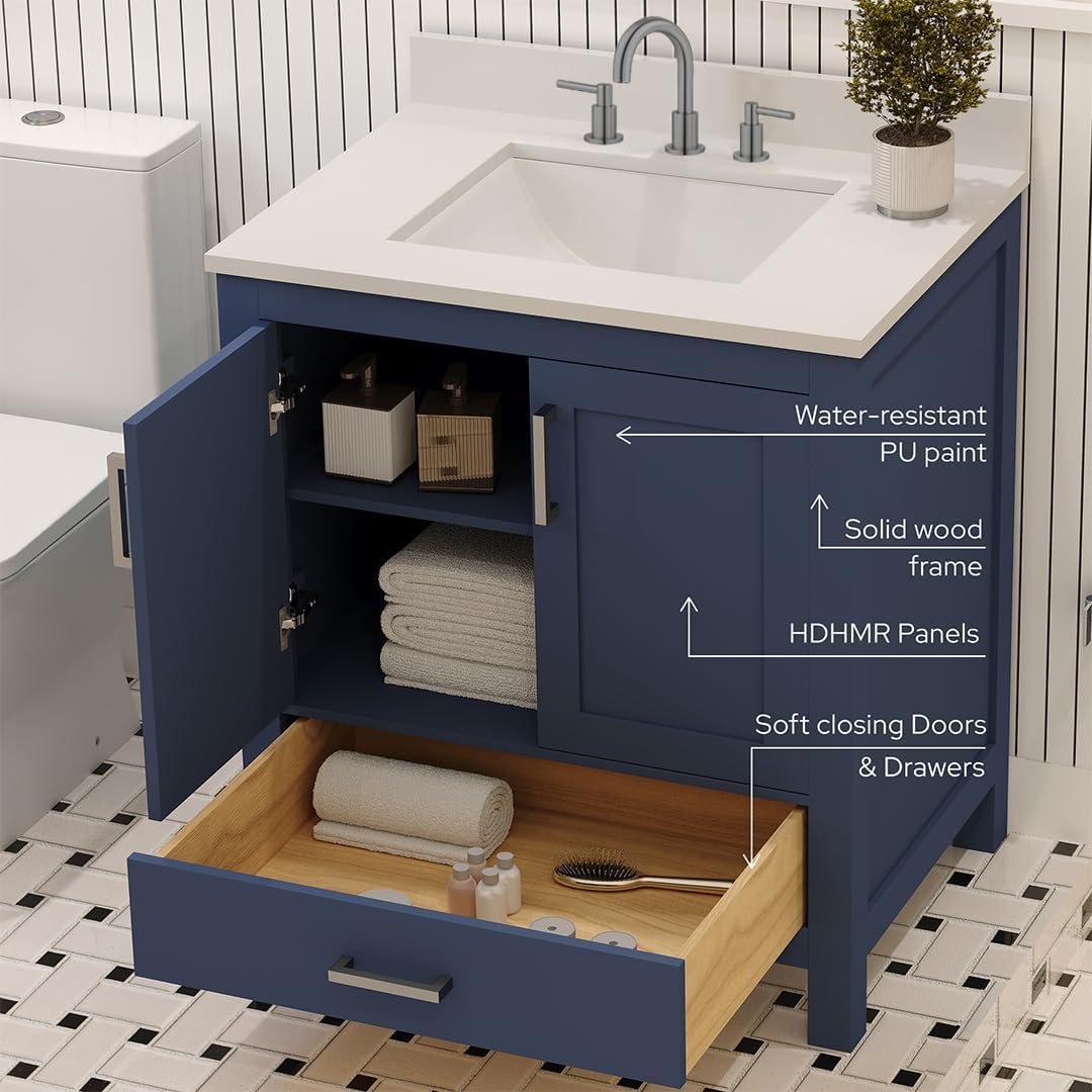 Ayna Decors Rooh 30" Navy Blue Solid Wood Bathroom Vanity with Sink Brushed Nickel Handles - Premium Quality I Durable I Easy Install