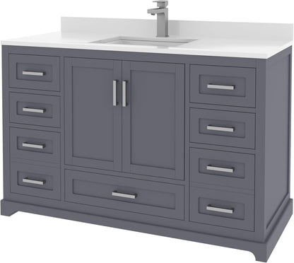 Ayna Decors Maya 48 Inch Charcoal Grey Bathroom Vanity with Sink, Quartz Countertop, 2 Soft Closing Doors, and 7 Full Extension Drawers, Brushed Nickel Hardware
