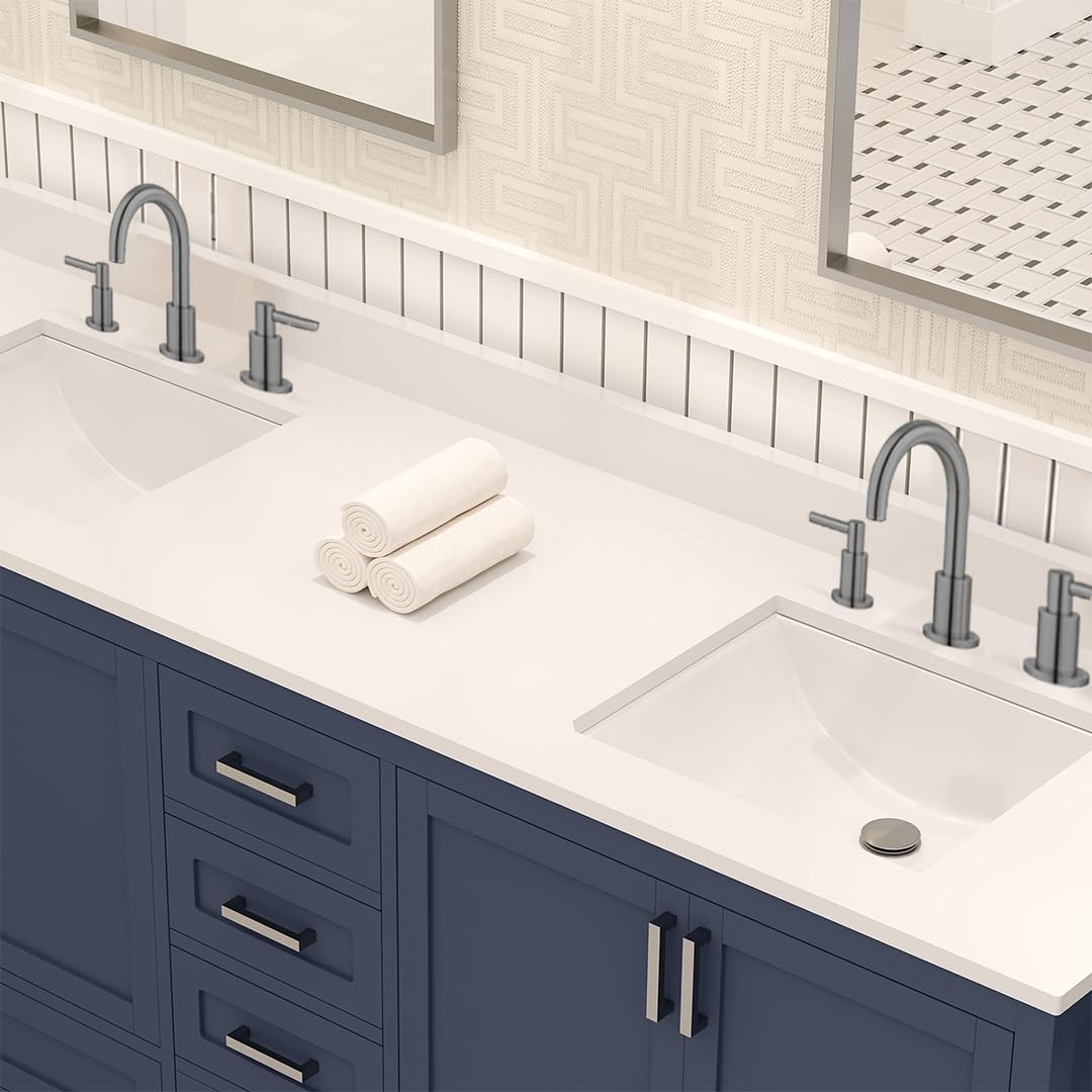 Ayna Decors Rooh 72 Inch Navy Blue Bathroom Vanity with Three Faucet Holes Quartz Countertop, 4 Soft Closing Doors and 5 Full Extension Drawers, Brushed Nickel Hardware