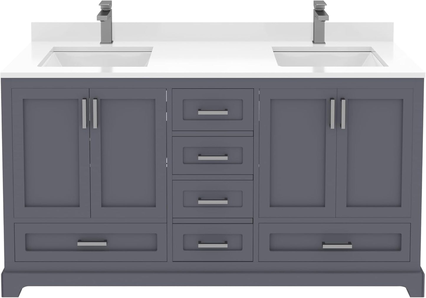 Ayna Decors Maya 60 Inch Charcoal Grey Bathroom Vanity with Sink, Quartz Countertop, 4 Soft Closing Doors and 5 Full Extension Drawers, Brushed Nickel Hardware
