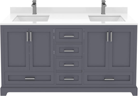 Ayna Decors Maya 60 Inch Charcoal Grey Bathroom Vanity with Sink, Quartz Countertop, 4 Soft Closing Doors and 5 Full Extension Drawers, Brushed Nickel Hardware