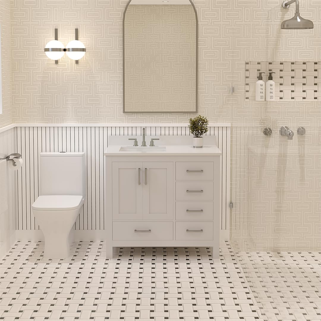 Ayna Decors Rooh 36 in. Left White Bathroom Vanity with Sink, Three Faucet Holes Quartz Top, 2 Soft Closing Doors, and 4 Full Extension Drawers, Brushed Nickel Hardware