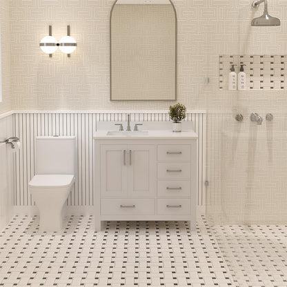 Ayna Decors Rooh 36 in. Left White Bathroom Vanity with Sink, Three Faucet Holes Quartz Top, 2 Soft Closing Doors, and 4 Full Extension Drawers, Brushed Nickel Hardware