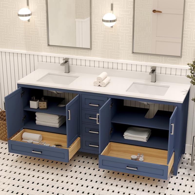 Ayna Decors Rooh 72 Inch Navy Blue Bathroom Vanity with Sink, Quartz Countertop, 4 Soft Closing Doors and 5 Full Extension Drawers, Brushed Nickel Hardware