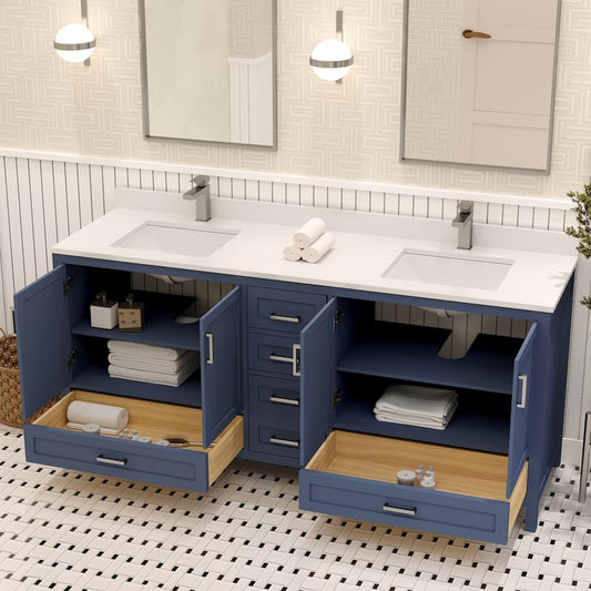Ayna Decors Rooh 72 Inch Navy Blue Bathroom Vanity with Sink, Quartz Countertop, 4 Soft Closing Doors and 5 Full Extension Drawers, Brushed Nickel Hardware