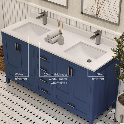 Ayna Decors Rooh 60 Inch Navy Blue Bathroom Vanity with Sink, Quartz Countertop, 4 Soft Closing Doors and 5 Full Extension Drawers, Brushed Nickel Hardware