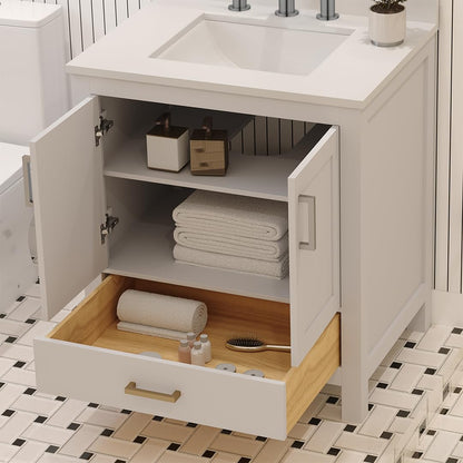 Ayna Decors Rooh 30" Solid Wood Bathroom Vanity with Sink – White, 3 Pre-Drilled Faucet Holes, 2 Soft-Close Doors, 1 Full-Extension Drawer, Brushed Nickel Handles