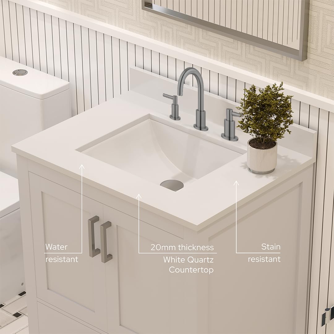 Ayna Decors Rooh 30" Solid Wood Bathroom Vanity with Sink – White, 3 Pre-Drilled Faucet Holes, 2 Soft-Close Doors, 1 Full-Extension Drawer, Brushed Nickel Handles