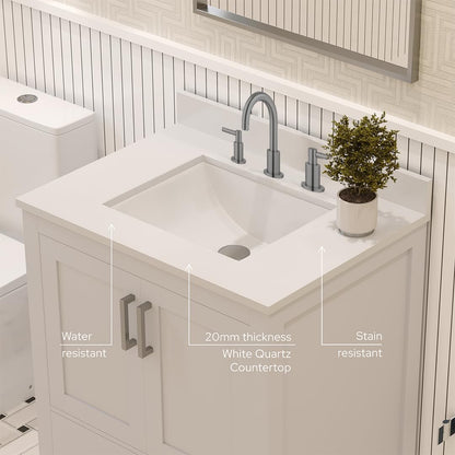 Ayna Decors Rooh 30" Solid Wood Bathroom Vanity with Sink – White, 3 Pre-Drilled Faucet Holes, 2 Soft-Close Doors, 1 Full-Extension Drawer, Brushed Nickel Handles