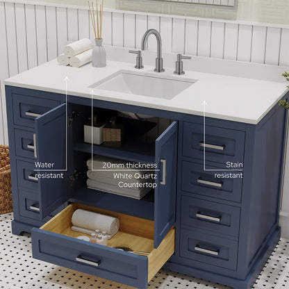 Ayna Decors Maya 48 Inch Navy Blue Bathroom Vanity with Sink and Quartz Countertop, 3 Pre-Drilled Faucet Holes, 2 Soft Closing Doors, and 7 Full Extension Drawers, Brushed Nickel Hardware