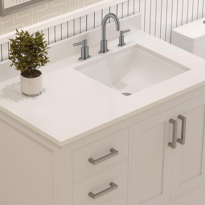 Ayna Decors Rooh 36 in. Left White Bathroom Vanity with Sink, Three Faucet Holes Quartz Top, 2 Soft Closing Doors, and 4 Full Extension Drawers, Brushed Nickel Hardware