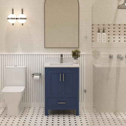 Ayna Decors Rooh 24 Inch Navy Blue Bathroom Vanity with Sink, Quartz Countertop, 2 Soft Closing Doors and 1 Full Extension Drawer, Brushed Nickel Hardware