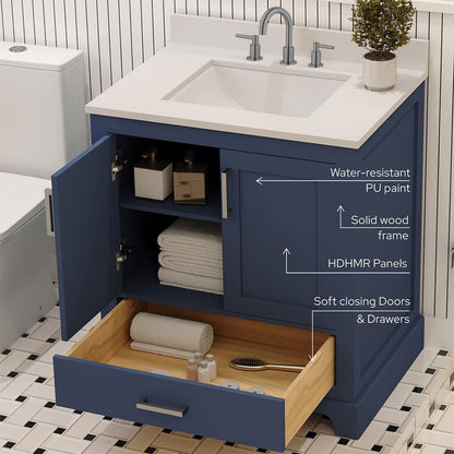 Ayna Decors Maya 30" Solid Wood Bathroom Vanity with Sink – Navy Blue, 3 Pre-Drilled Faucet Holes, 2 Soft-Close Doors, 1 Full-Extension Drawer, Brushed Nickel Handles