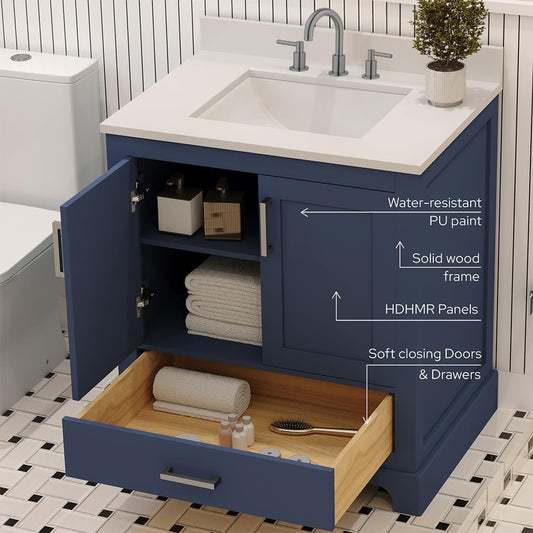 Ayna Decors Maya 30" Solid Wood Bathroom Vanity with Sink – Navy Blue, 3 Pre-Drilled Faucet Holes, 2 Soft-Close Doors, 1 Full-Extension Drawer, Brushed Nickel Handles