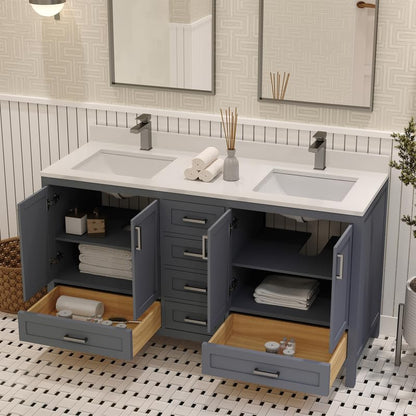 Ayna Decors Rooh 60 Inch Charcoal Grey Bathroom Vanity with Sink, Quartz Countertop, 4 Soft Closing Doors and 5 Full Extension Drawers, Brushed Nickel Hardware