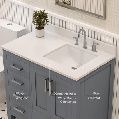 Ayna Decors Rooh 36 Inch Navy Blue Bathroom Vanity with Sink, Quartz Countertop, 2 Soft Closing Doors, and 4 Full Extension Drawers, Brushed Nickel Hardware