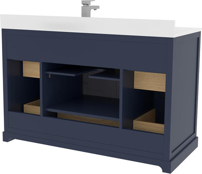 Ayna Decors Maya 48 Inch Navy Blue Bathroom Vanity with Sink, Quartz Countertop, 2 Soft Closing Doors, and 7 Full Extension Drawers, Brushed Nickel Hardware