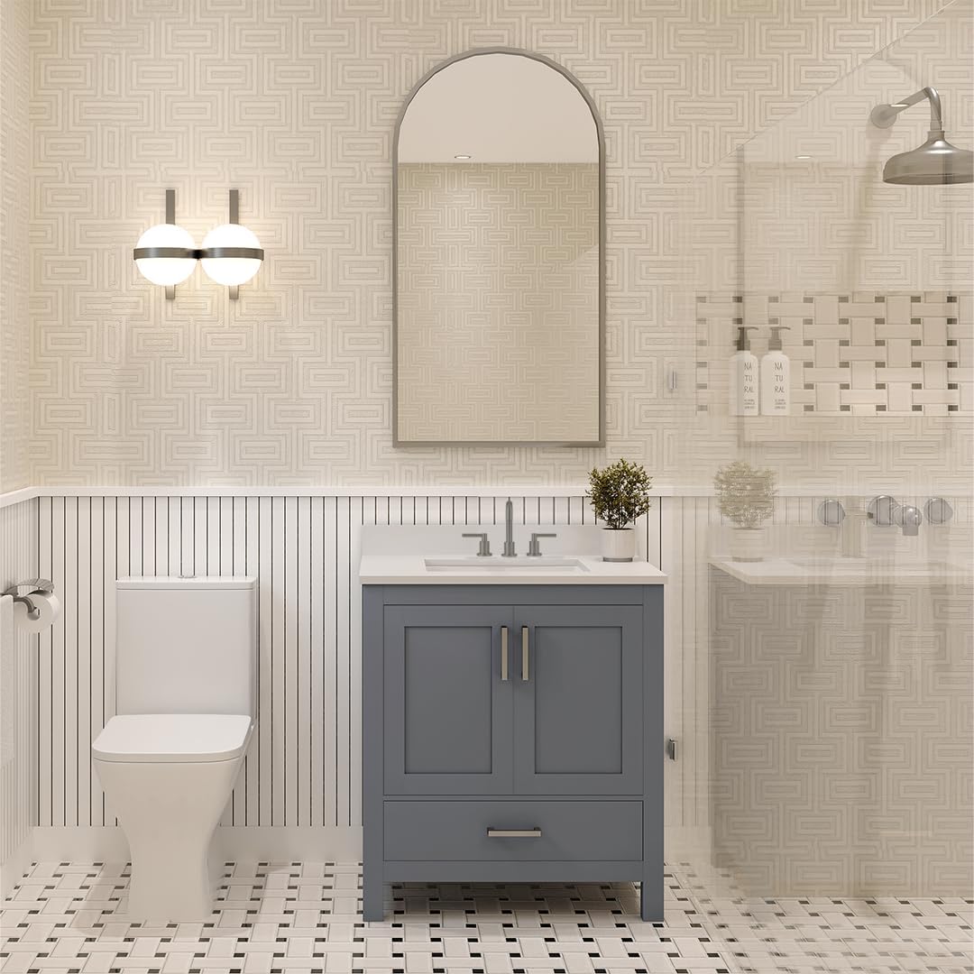 Ayna Decors Rooh 30" Solid Wood Bathroom Vanity with Sink – Charcoal Grey, 3 Pre-Drilled Faucet Holes, 2 Soft-Close Doors, 1 Full-Extension Drawer, Brushed Nickel Handles