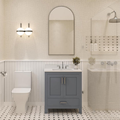 Ayna Decors Rooh 30" Solid Wood Bathroom Vanity with Sink – Charcoal Grey, 3 Pre-Drilled Faucet Holes, 2 Soft-Close Doors, 1 Full-Extension Drawer, Brushed Nickel Handles