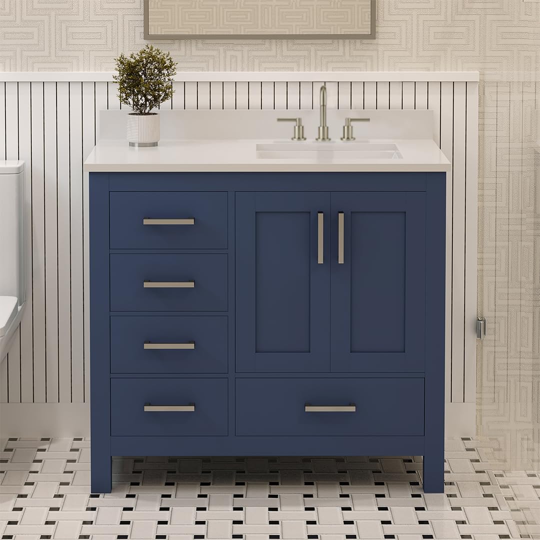Ayna Decors Rooh 36 Inch Navy Blue Bathroom Vanity with Sink, Three Faucet Holes Quartz Top, 2 Soft Closing Doors, and 4 Full Extension Drawers, Brushed Nickel Hardware