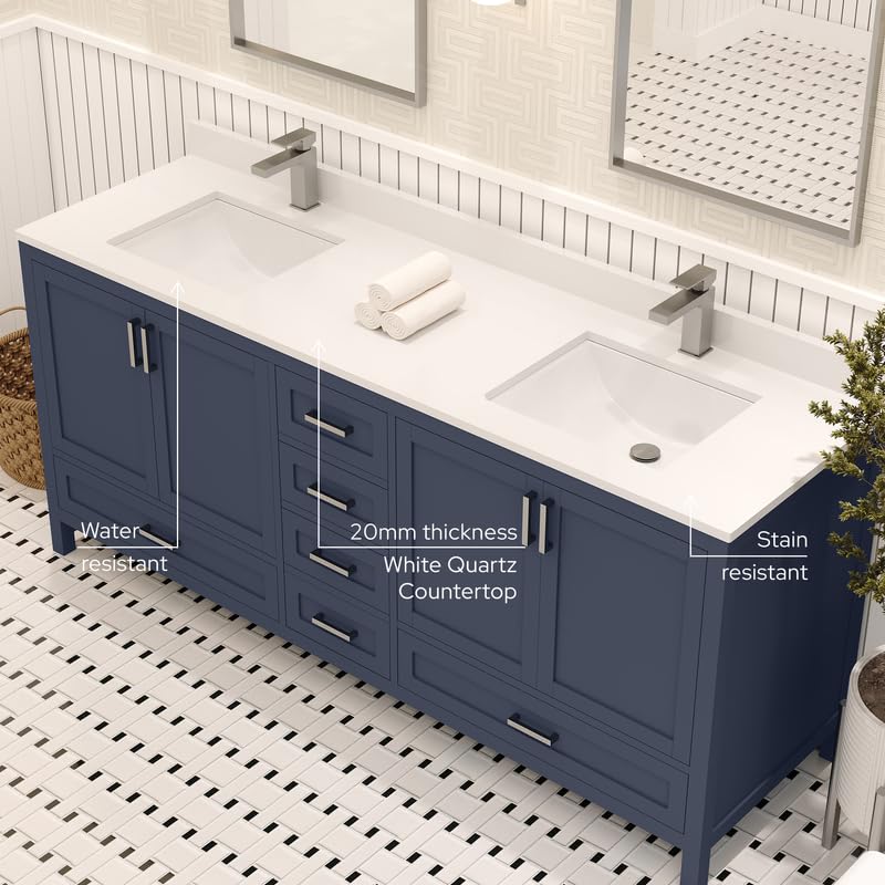 Ayna Decors Rooh 72 Inch Navy Blue Bathroom Vanity with Sink, Quartz Countertop, 4 Soft Closing Doors and 5 Full Extension Drawers, Brushed Nickel Hardware