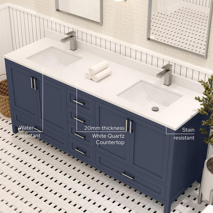 Ayna Decors Rooh 72 Inch Navy Blue Bathroom Vanity with Sink, Quartz Countertop, 4 Soft Closing Doors and 5 Full Extension Drawers, Brushed Nickel Hardware