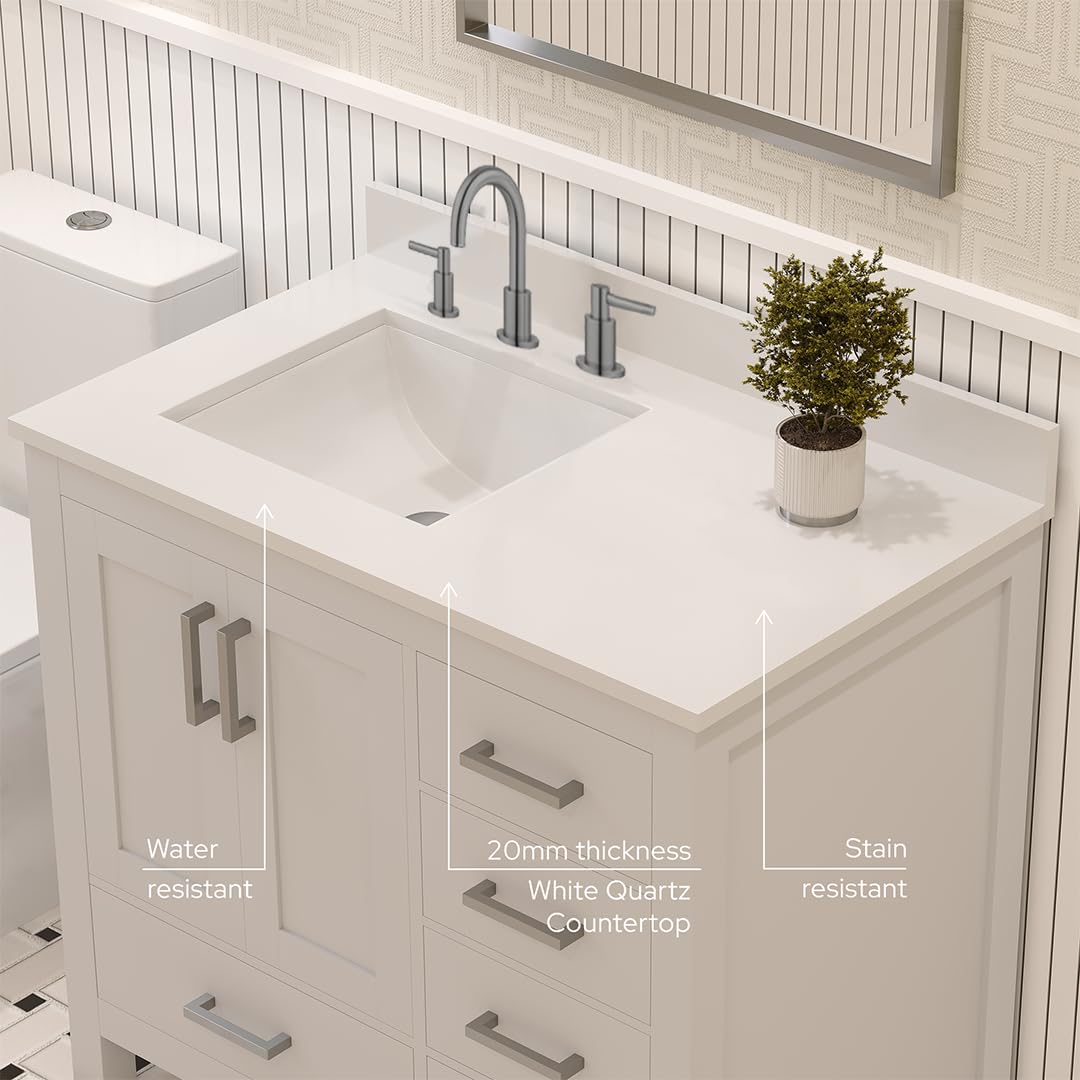Ayna Decors Rooh 36 in. Left White Bathroom Vanity with Sink, Three Faucet Holes Quartz Top, 2 Soft Closing Doors, and 4 Full Extension Drawers, Brushed Nickel Hardware