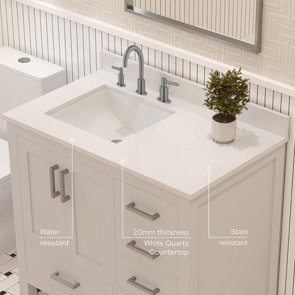 Ayna Decors Rooh 36 in. Left White Bathroom Vanity with Sink, Three Faucet Holes Quartz Top, 2 Soft Closing Doors, and 4 Full Extension Drawers, Brushed Nickel Hardware