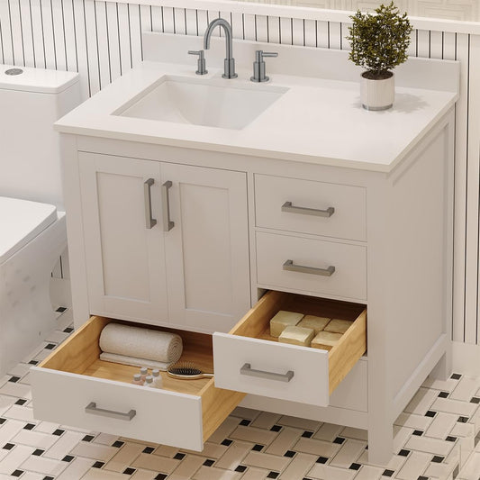 Ayna Decors Rooh 36 in. Left White Bathroom Vanity with Sink, Three Faucet Holes Quartz Top, 2 Soft Closing Doors, and 4 Full Extension Drawers, Brushed Nickel Hardware