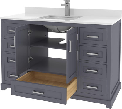 Ayna Decors Maya 48 Inch Charcoal Grey Bathroom Vanity with Sink, Quartz Countertop, 2 Soft Closing Doors, and 7 Full Extension Drawers, Brushed Nickel Hardware