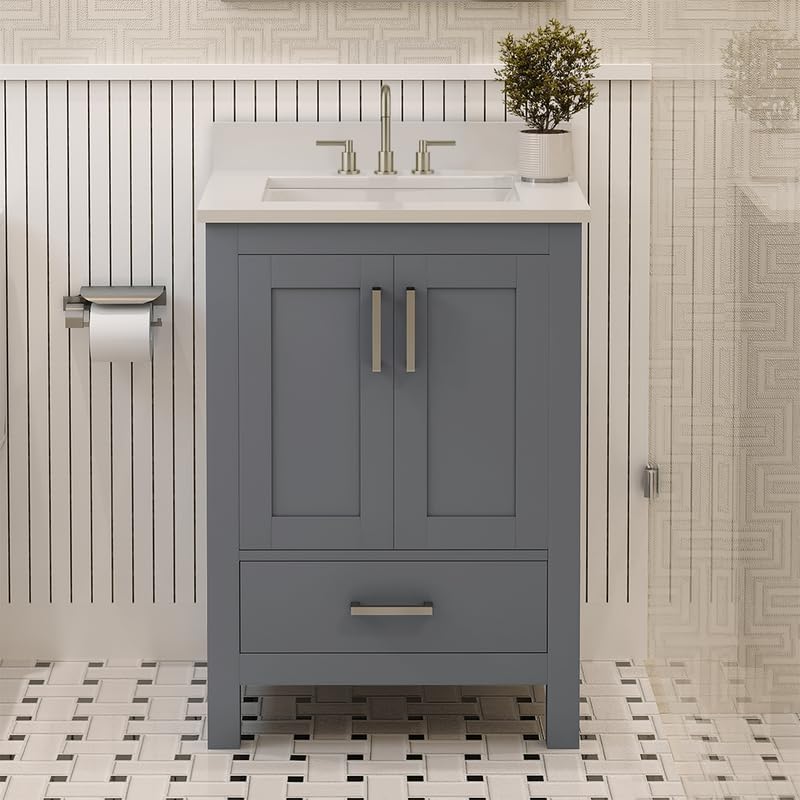 Ayna Decors Rooh 24" Solid Wood Bathroom Vanity with Sink – Charcoal Grey, 3 Pre-Drilled Faucet Holes, 2 Soft-Close Doors, 1 Full-Extension Drawer, Brushed Nickel Handles