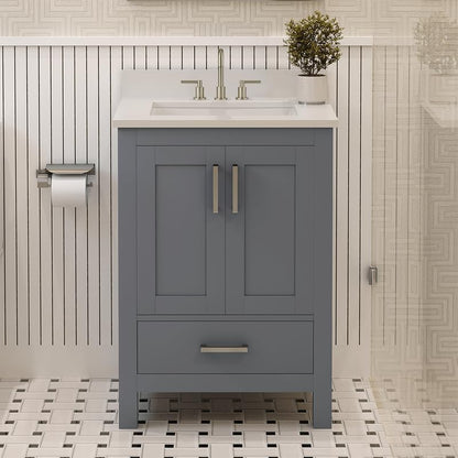 Ayna Decors Rooh 24" Solid Wood Bathroom Vanity with Sink – Charcoal Grey, 3 Pre-Drilled Faucet Holes, 2 Soft-Close Doors, 1 Full-Extension Drawer, Brushed Nickel Handles