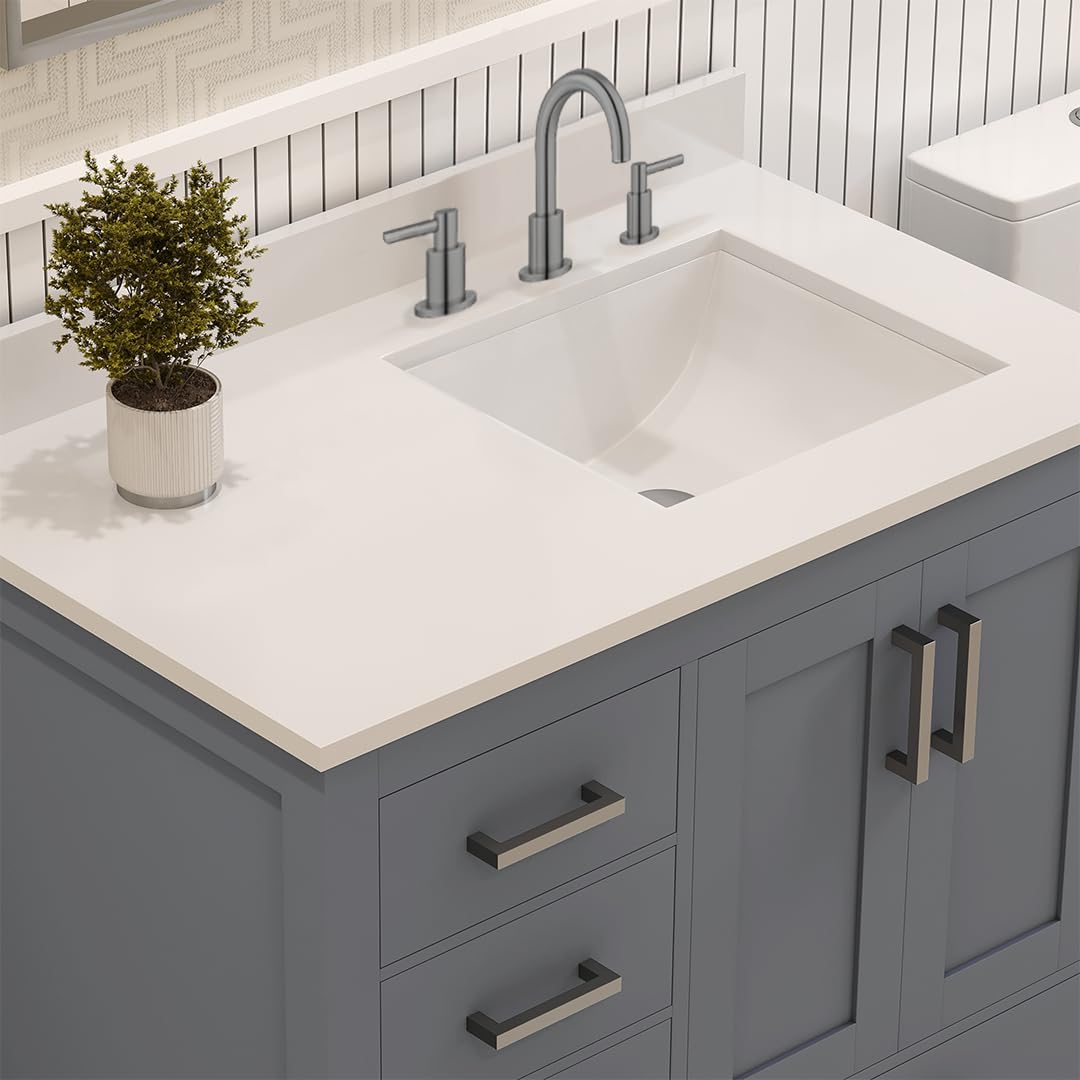 Ayna Decors Rooh 36 in. Left Charcoal Grey Bathroom Vanity with Sink, Three Faucet Holes Quartz Top, 2 Soft Closing Doors, and 4 Full Extension Drawers, Brushed Nickel Hardware